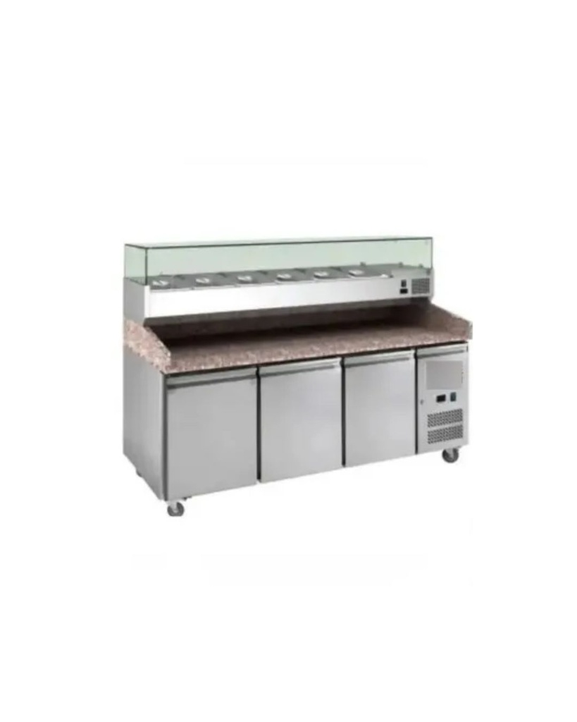 MESA PIZZERA 3 PUERTAS DE ACERO INOXIDABLE CON TOPE DE GRANITO 580L 100x200x80CM SENZANI