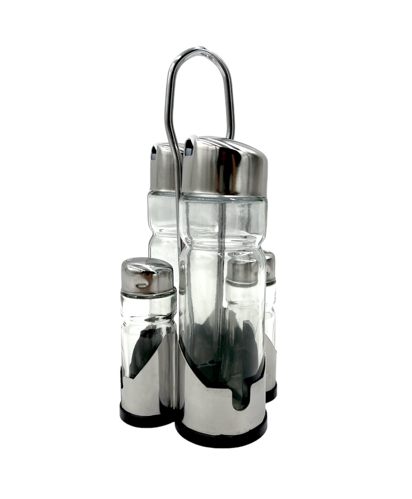 SET ACEITERO VINAGRERO SALERO Y PIMIENTERO CON SOPORTE DE ACERO INOXIDABLE CONTIHOME