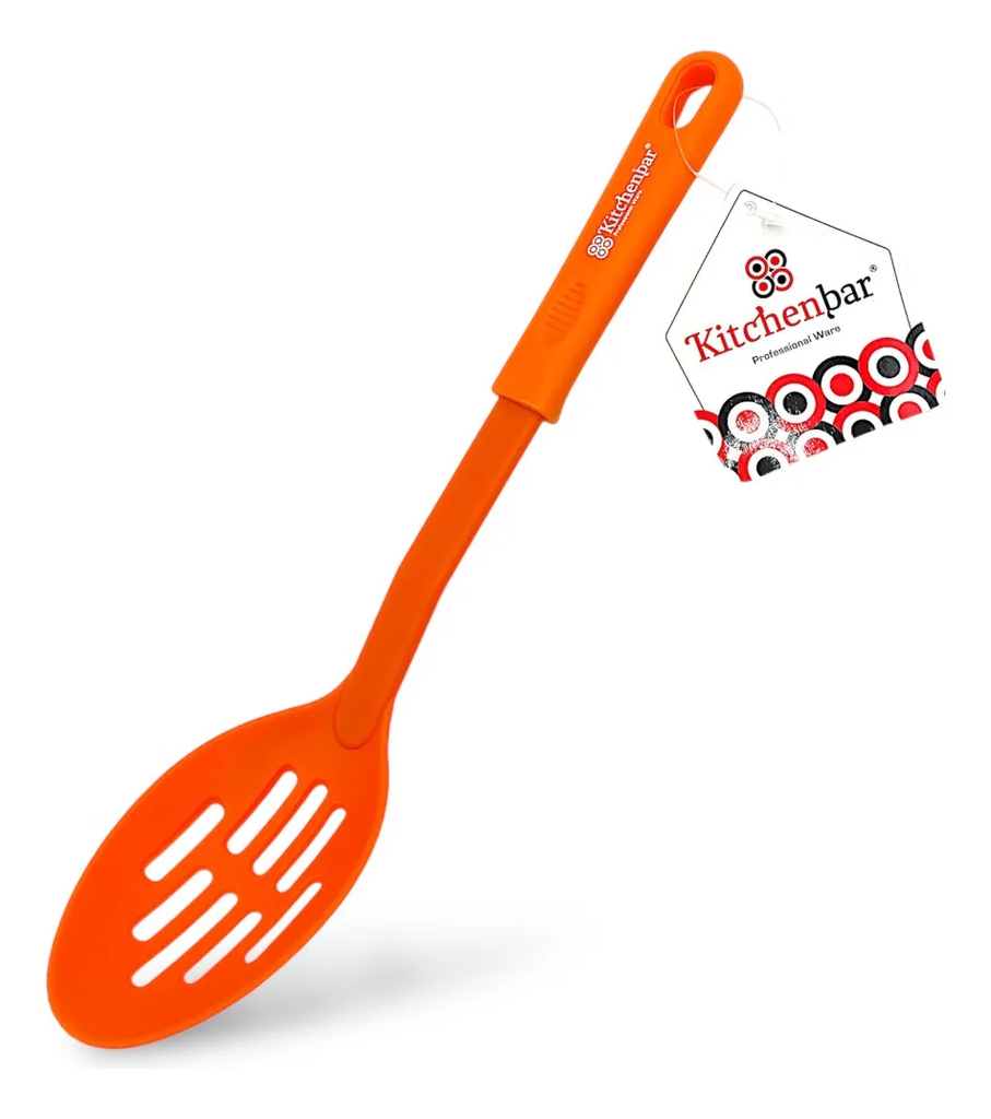CUCHARA RANURADA DE NYLON NARANJA 30 CM KITCHENBAR